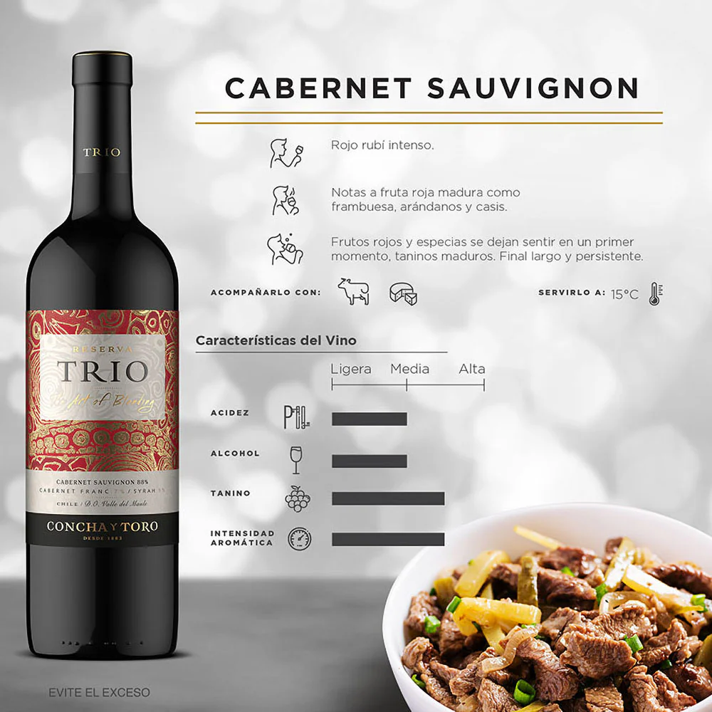 VINO TINTO TRIO CABSAUV-SHIRAZ-CABFRANC 750ML - Image 3