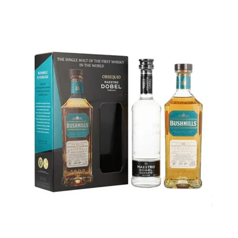 WHISKY BUSHMILLS MALT 10 AÑOS 750ML + TEQUILA MAESTRO DOBEL DIAMANTE 375ML